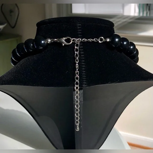 Classic Black Bead Necklace with Rhinestone Charm - Picture 5 of 7